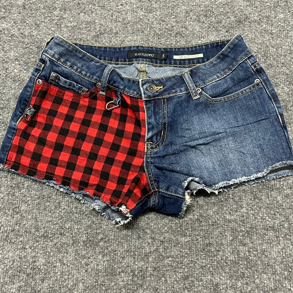 Blackheart Denim Shorts Womens Size 5 Blue Red Plaid Low Rise Punk Raw Hem